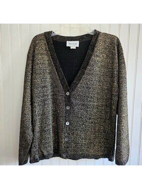Vintage 80s Carly Blake Cardigan XL Black Gold Metallic Retro Glam Festive Party